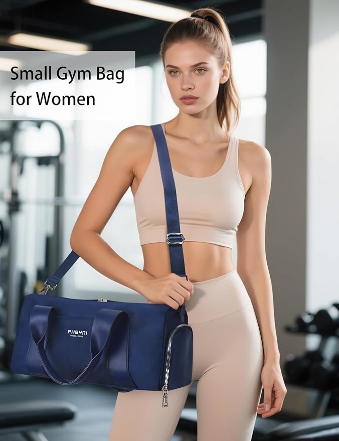 Sports Small Gym Bag for Women and Man, Cute Mini Duffle Bag with Wet Pocket & Shoes Compartment, Personal Item Travel Workout Bag, 16"-Small, Navy