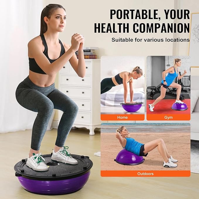 Half Exercise Ball Trainer 23 inch Balance Ball Trainer 1500lbs Capacity Stability Ball with Resistance Bands & Foot Pump, Strength Fitness Ball for Home Gym Full Body Workout
