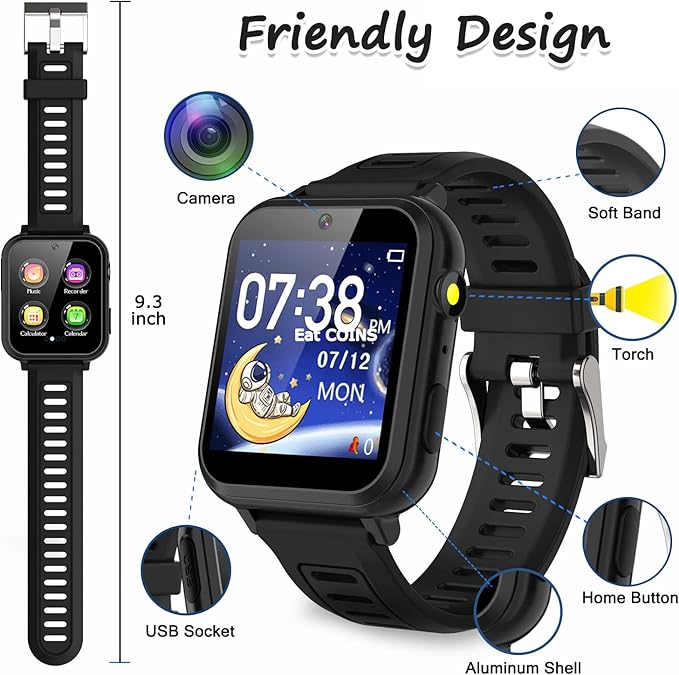 Kids Smart Watch Boys, Kids Smart Game Watch with 39 Games HD Touch Screen Video Camera Music Player Pedometer Flashlight Alarm Clock 12/24 hr Kid Watches for Boy Gifts for 5-12 Year Olds Boy Girl