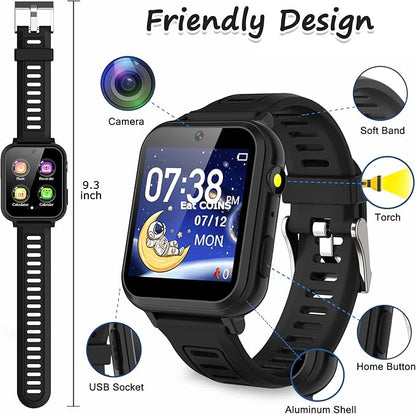 Kids Smart Watch Boys, Kids Smart Game Watch with 39 Games HD Touch Screen Video Camera Music Player Pedometer Flashlight Alarm Clock 12/24 hr Kid Watches for Boy Gifts for 5-12 Year Olds Boy Girl