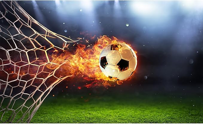 Fiery Soccer Ball in Goal Background for Photography Sports Game Party Birthday Party Backdrop Fire Football Green Glass Net Backdrop Decor for Children Adults Sports Club Photo Props 20x10ft