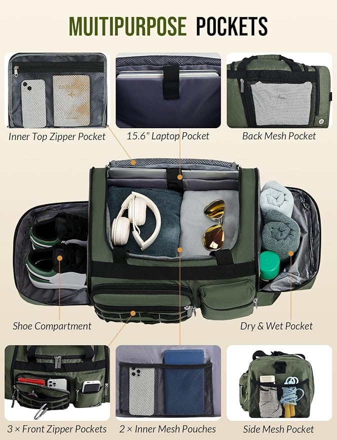 Gym Bag for Men Women with Shoes Compartment 3-in-1 Sports Travel Duffel Bag Multipurpose Weekender Overnight Backpack with Wet Pocket - Green