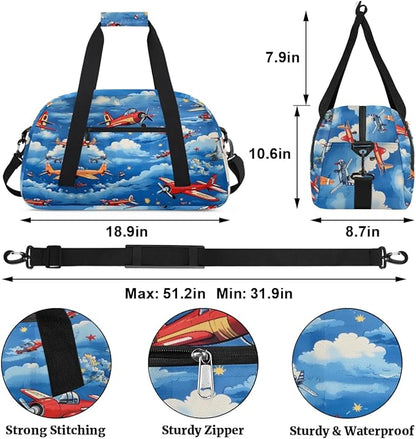 Airplane Kids Duffel Bag for Boys, Aircraft Clouds Sports Gym Bag Overnight Travel Weekender Bag Lightweight Carry On Sleepovers Bag for School Practice Gymnastics