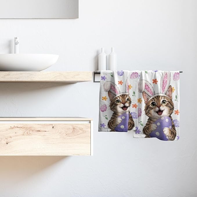 Easter Cat Hand Towels 2 Pack 14"x28" Pink Rabbit Ears Kitchen Towels Cat Bunny Eggs Dish Towels Spring Summer Holiday Finger Towels for Kitchen Bathroom Shower Hotel Gym