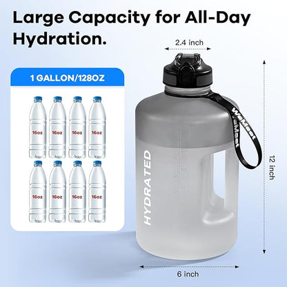 Big Reusable Sport Water Jug with non-slip handle, 1 Gallon Water Bottle with Straw and Time Marker, for All Day Hydration, Exercise and Outdoor (Black White)