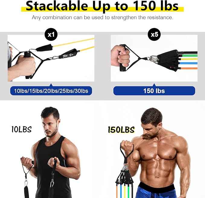Resistance Bands Set (12pcs), Workout Bands with Handles, Door Anchor, Ankle Straps and Carry Bag, Exercise Bands for Shape Body and Home Workouts