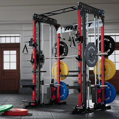 RitFit M1 Pro Smith Machine with Cable Crossover System, Multi-Function Squat Rack Power Cage for Home Gym, Power Rack and Packages