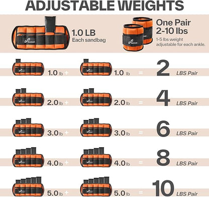 Sportneer Adjustable Ankle Weights Set - 1 Pair (2-10 lbs) Removable Sandbags for Women & Men, Comfortable Neoprene Leg Weights for Walking, Running, Pilates, Yoga, Home Workout & Physical Therapy
