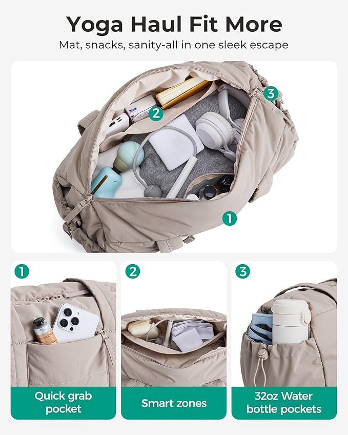 BAGSMART Reiki Gym Bag for Women, Mini/Medium Crossbody Bags for Women, 5L Dance Bag with Detachable Strap, 15L Yoga Mate Bag with Wet & Dry Pocket, Medium/Sand Brown