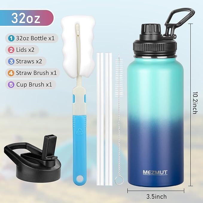 MEZMUT Stainless Steel Water Bottles 32oz Insulated Water Bottle with Straw&2 Lids Double Walled Sports Metal Thermos Water Bottle Cup Leak-Proof Vacuum Insulated Bottles Travel(Gradient Blue)