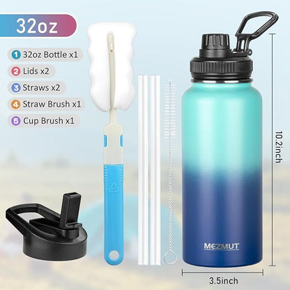 MEZMUT Stainless Steel Water Bottles 32oz Insulated Water Bottle with Straw&2 Lids Double Walled Sports Metal Thermos Water Bottle Cup Leak-Proof Vacuum Insulated Bottles Travel(Gradient Blue)