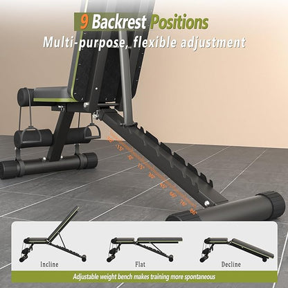 Adjustable Weight Bench for Home Gym, Foldable 700LBS Workout Bench with 9 Backrests, Multi-Purpose Bench Press for Incline Decline Flat with Fast Adjustment (2 resistance bands)