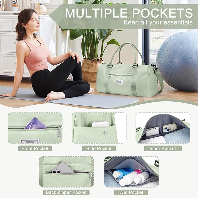 Gym Bag for Women with Shoes Compartment,Small Duffel Bag Sport bag with Toiletry Bag Overnight Travel Tote Bags Weekender Carry on Bag Personal Item Bags for Airlines Grass Green