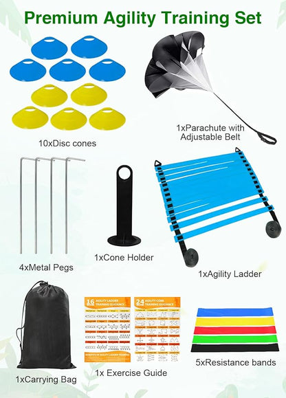 Speed Agility Training Equipment Set - 20ft Agility Ladder, 10 Disc Cones, Resistance Parachute, 5 Resistance Bands & Carry Bag | Football Soccer Basketball Fitness Drills