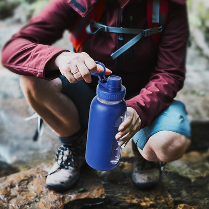 64 oz Glass Water Bottle With Straw and Handle, Half Gallon Sports Motivational Water Jug Flask with Silicone Sleeve, Large Water Cup with Time Marker for Travel, Gym, Blue
