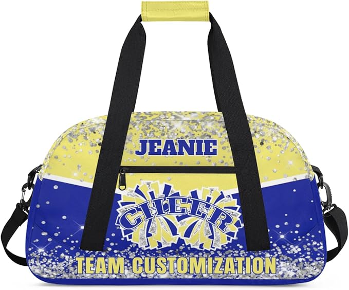 Personalized Cheer Gym Bags for Girls Kids Cheerleaders with Custom Name Sport Dance Perform Training Duffel Bags for Overnight Weekender Travel Yellow Blue