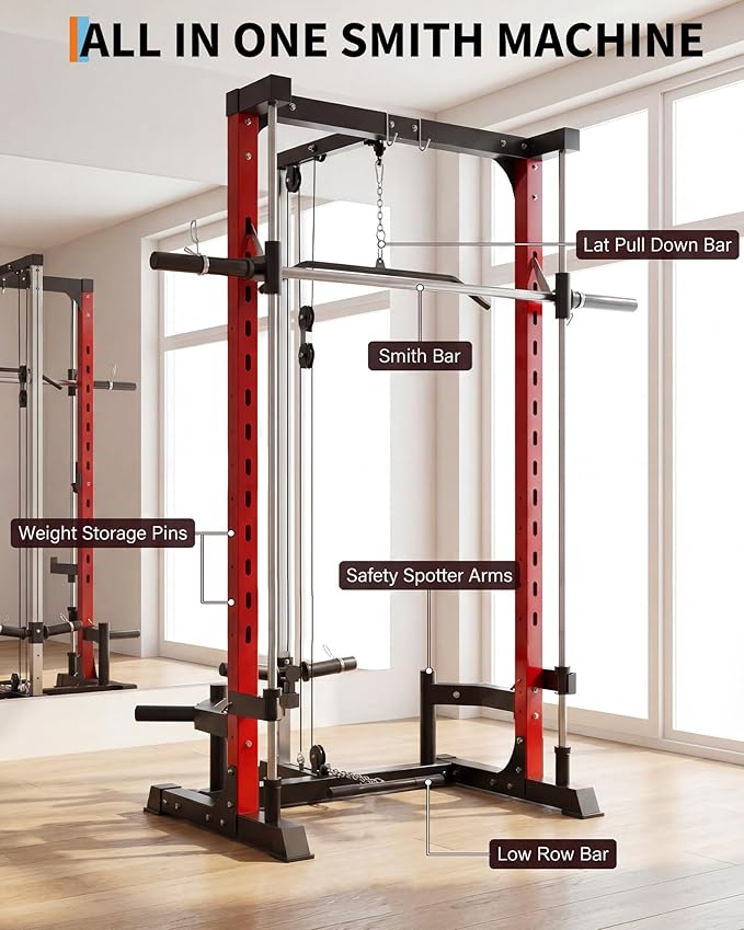 Smith Machine with Bench, Heavy Duty Power Cage Squat Rack with Smith Bar, LAT Pulldown System, Chest Station & More Training Attachment, Home Gym Equipment for Strengthen Training