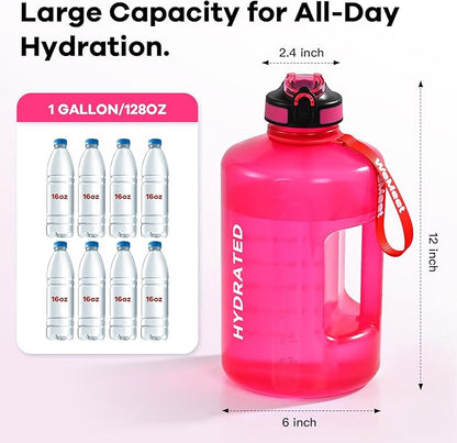 Motivational Gallon Water Bottle, BPA Free, Large Sport Water Jug with Handle & Straw, for Fitness, Outdoor, Gym, Travel, Camping, Office (Pink)