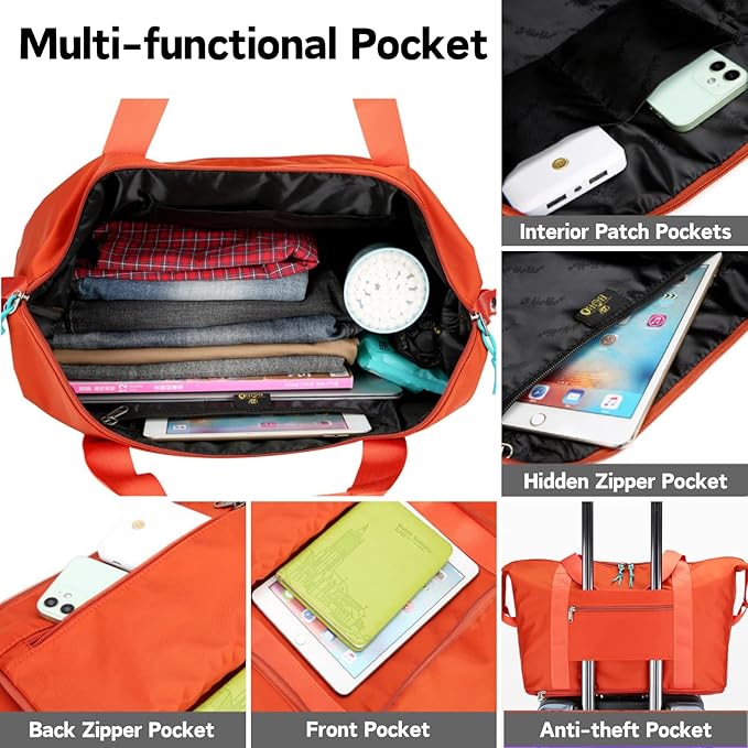 Expandable Travel Duffle Bag for Women Men, Lightweight Foldable Travel Tote Bags Gym Bag, Large Waterproof Carry On Weekender Overnight Bag with Wet Pocket for Workout, Fitness, Shopping Purple