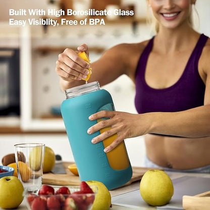 72oz Glass Water Bolttles, 3-in-1 Straw and Sip Spout Handle Lid, Half Gallon Water Bottle with Time Marker and Silicone Sleeve, BPA-Free Sports Water Bottle for Gym, School, Peacock Blue