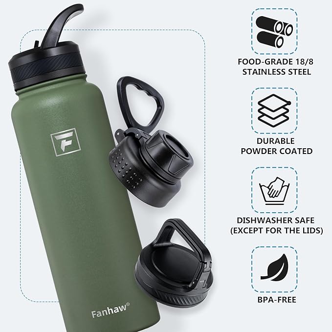 Fanhaw 40 oz Insulated Water Bottle – Stainless Steel Flask with 3 Lids (Straw, Spout, Carabiner) | Durable, Leakproof, for Hiking, Camping, Outdoor Adventures & Travel (Olive Green)