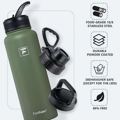 Fanhaw 40 oz Insulated Water Bottle – Stainless Steel Flask with 3 Lids (Straw, Spout, Carabiner) | Durable, Leakproof, for Hiking, Camping, Outdoor Adventures & Travel (Olive Green)