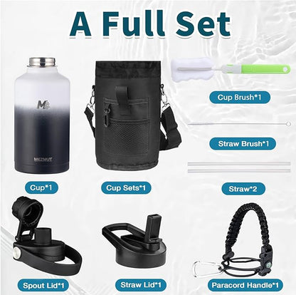 MEZMUT 64oz Insulated Water Bottle with Paracord Handle,Half Gallon Water Bottle Jug with Straw & Spout Lids,Stainless Steel Sport Thermo Water Jug Leak-proof Keep Cold Hot for Outdoor Camping Hiking
