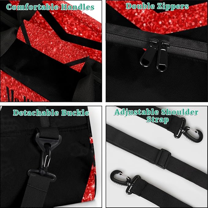 Personalized Girls Gym Cheerleading Bag Sport Duffle Bag, Custom Name Carry On Weekender Bag Travel Vocation Business Trip, Red Glittering Cheerleader Pom Poms