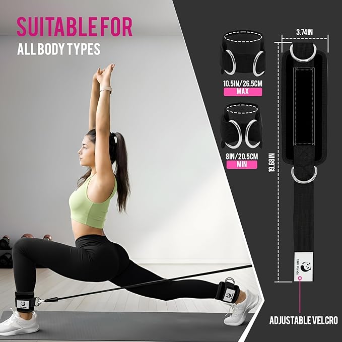 Slim Panda Ankle Strap for Cable Machine,Ankle Cuff for Kickbacks, Booty Hip Abductors,Glute Workouts, Leg Extensions, Curls for Men and Women, Adjustable with Double D-Rings