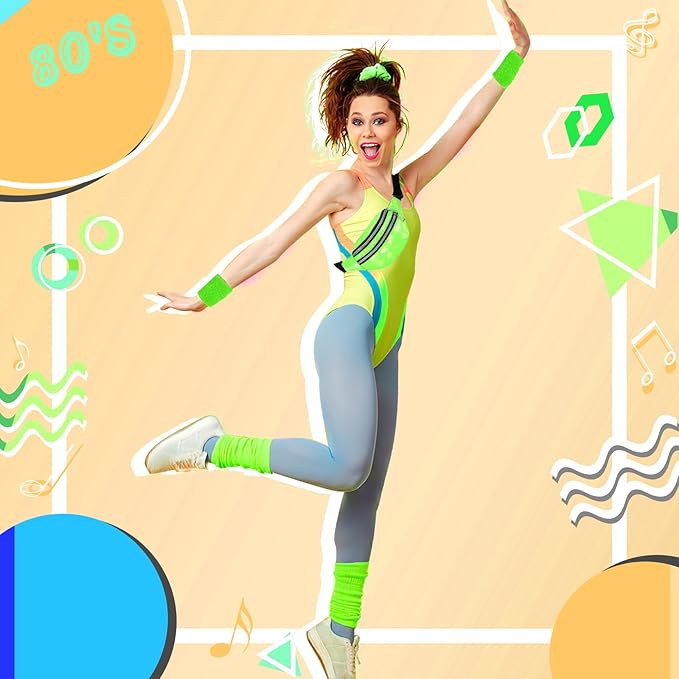 80s Neon Workout Costume Accessories Set 10 PCS Leg Warmers for Women 80s Headband Wristband Fanny Pack for Yoga Running