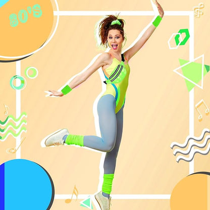 80s Neon Workout Costume Accessories Set 10 PCS Leg Warmers for Women 80s Headband Wristband Fanny Pack for Yoga Running