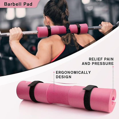 RitFit 7 Pcs Barbell Squat Pad Set, with Resistance Band, 2 Safety Straps, 2 Gym Ankle Straps & Carry Bag, Upgraded Neck & Shoulder Protective Pad Support for Squats, Lunges & Hip Thrust (Pink/Black)