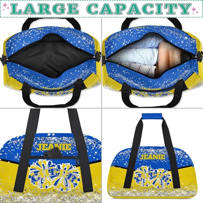 Personalized Cheer Gym Bags for Girls Kids Cheerleaders with Custom Name Sport Dance Perform Training Duffel Bags for Overnight Weekender Travel Blue Yellow