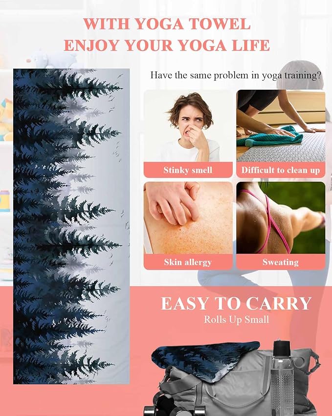 Forest Blue Trees Yoga Mat Towel with Corner Pockets for Hot Yoga Non Slip,Absorbent Yoga Blankets Microfiber Soft Gym Sweat Working Out Fitness Pilates Towels 74"x26" Watercolor Nature Bird
