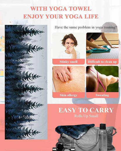 Forest Blue Trees Yoga Mat Towel with Corner Pockets for Hot Yoga Non Slip,Absorbent Yoga Blankets Microfiber Soft Gym Sweat Working Out Fitness Pilates Towels 70"x26" Watercolor Nature Bird