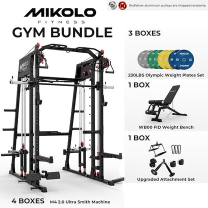 Mikolo M4 2.0 Smith Machine, 2200lbs Squat Rack with LAT-Pull Down System & Cable Crossover Machine, Training Equipment with Leg Hold-Down Attachment