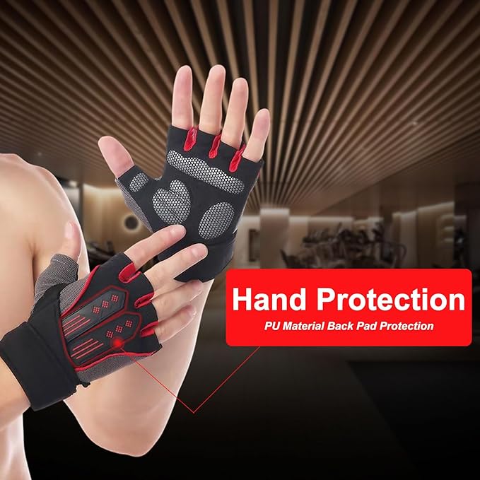 Workout Gloves for Men Women, Breathable Weight Lifting Gloves with Wrist Wraps Support for Gym, Exercise, Training and Fitness, Fingerless, Padded Full Palm Protection