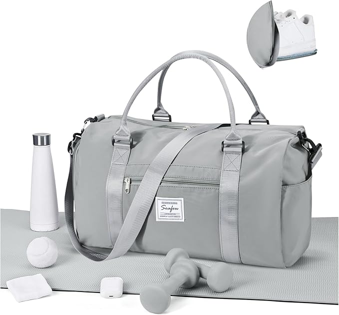 Gym Bag for Women Men with Shoes Compartment,Sports Duffle Bag Personal item travel Duffel Bags Tote Bag Small Carry on Weekender Overnight Bag Workout Dance Bag Hospital Holdalls Grey