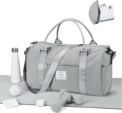 Gym Bag for Women Men with Shoes Compartment,Sports Duffle Bag Personal item travel Duffel Bags Tote Bag Small Carry on Weekender Overnight Bag Workout Dance Bag Hospital Holdalls Grey