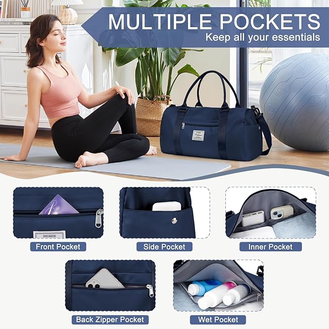 Gym Bag for Women Men with Shoes Compartment,Sports Duffle Bag Personal item travel Duffel Bags Tote Bag Small Carry on Weekender Overnight Bag Workout Dance Bag Hospital Holdalls Dark Blue
