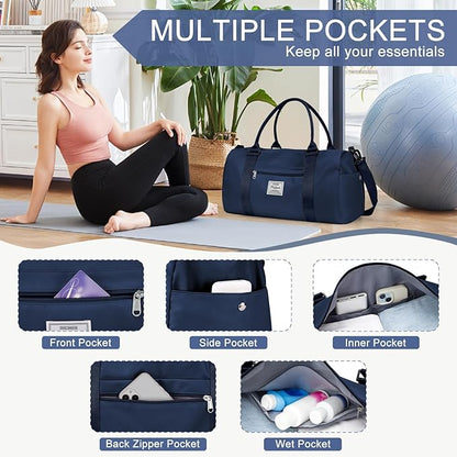 Gym Bag for Women with Shoes Compartment,Small Duffel Bag Sport bag with Toiletry Bag Overnight Travel Tote Bags Weekender Carry on Bag Personal Item Bags for Airlines Dark Blue