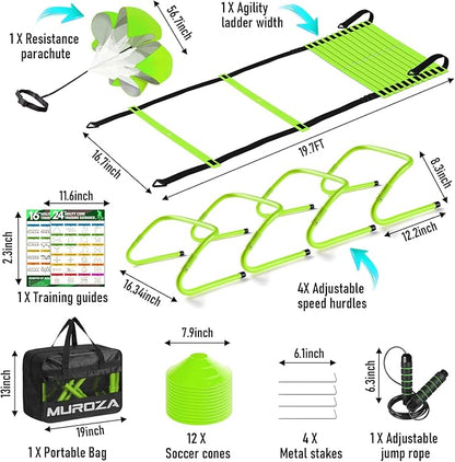 Agility Ladder, Agility Speed Training Equipment Set, 20ft Speed Ladder, 12 Soccer Cones, 4 Hurdles, Jump Rope, Running Parachute, Soccer Football Basketball Training Equipment Accessories