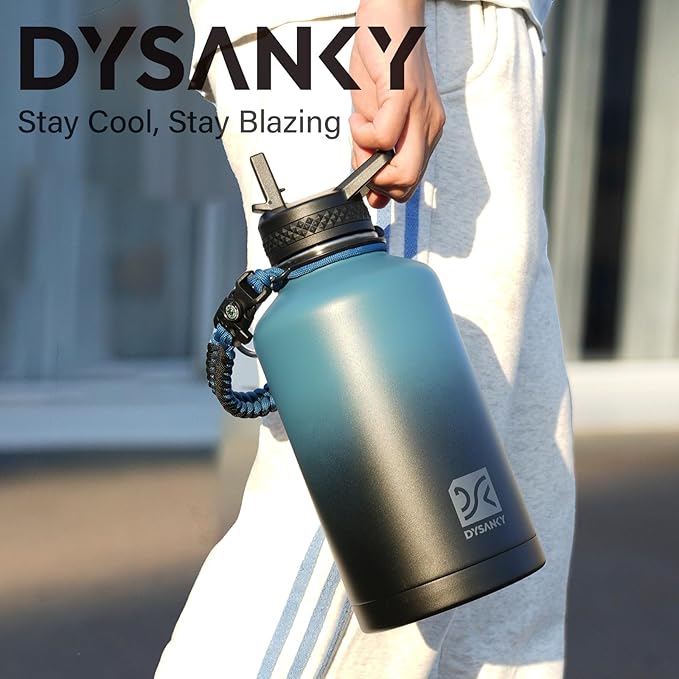 Insulated Water Bottle | Thickened Stainless Steel Vacuum Metal | Portable Sports Half Gallon Large Water Jug for Gym and Hiking with Straw, Carrier Bag, Handle Strap | BPA-Free 64 oz