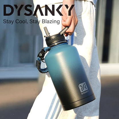 Insulated Water Bottle | Thickened Stainless Steel Vacuum Metal | Portable Sports Half Gallon Large Water Jug for Gym and Hiking with Straw, Carrier Bag, Handle Strap | BPA-Free 64 oz