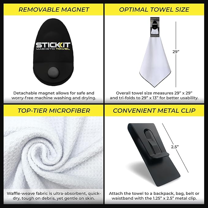 STICKIT Magnetic Sports Towel for Gym & Yoga, Quick-Dry Absorbent Microfiber with Deep Waffle Pockets, Powerful Magnet for Easy Access, Perfect for Workout and Outdoor Activities