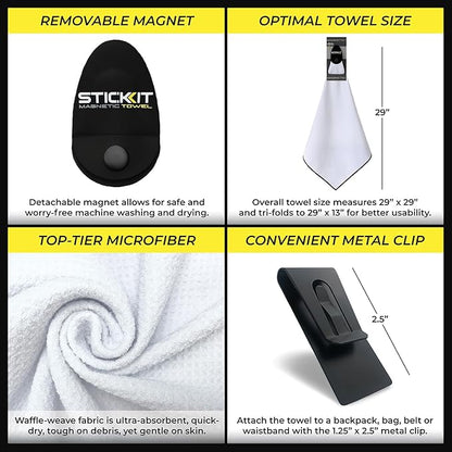 STICKIT Magnetic Sports Towel for Gym & Yoga, Quick-Dry Absorbent Microfiber with Deep Waffle Pockets, Powerful Magnet for Easy Access, Perfect for Workout and Outdoor Activities