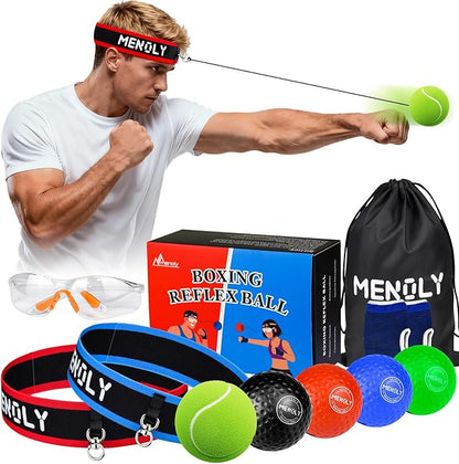 MENOLY 5pcs Boxing Reflex Balls Set, 2 Adjustable Headbands, 1 Pair Goggles and Gloves, Speed Training Equipment for Hand Eye Coordination, Agility, Great Gift for Men, Boxers & Fitness Fans