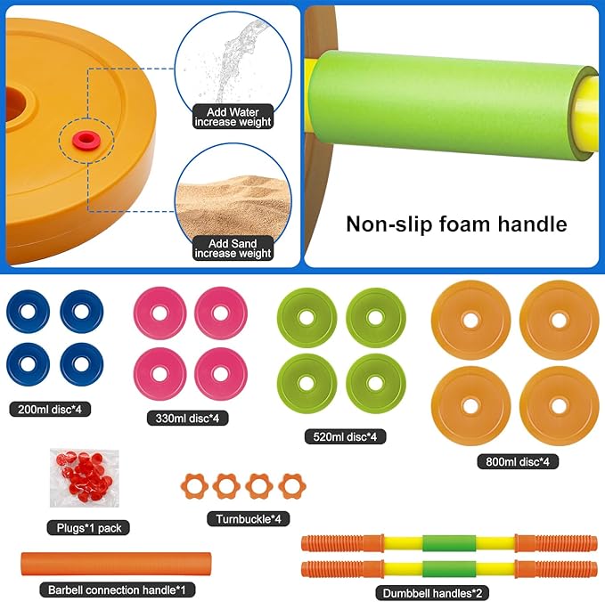 Kids Exercise Weight Set, Barbell and Dumbbell Workout Equipment, Toddler Beginner Gym Toy for Pretend Play Lifting Exercise & Fitness, Adjustable Fill with Sand or Water