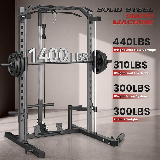 OPPSDECOR Smith Machine Power Rack for Home Gym - All-in-One Power Cage Squat Rack with LAT Pulldown, Cable Machine & Barbell Bar - Multi-Functional Strength Training Equipment