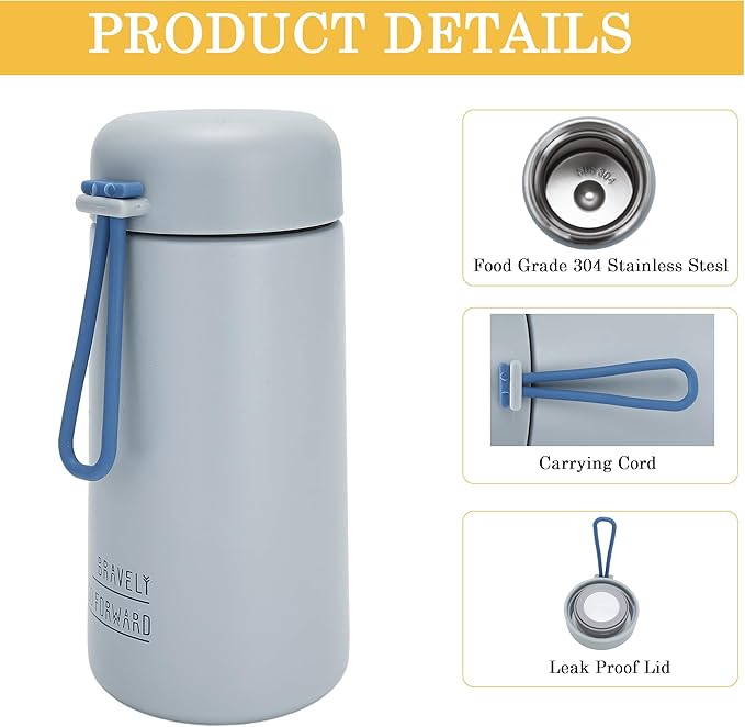 9oz Water Bottle Small Double Wall Insulated Mug,304 Stainless Steel for Hot&Cold Drinks,Leak Proof Water Bottle Vacuum Insulation with Carry Handle Grayish Blue